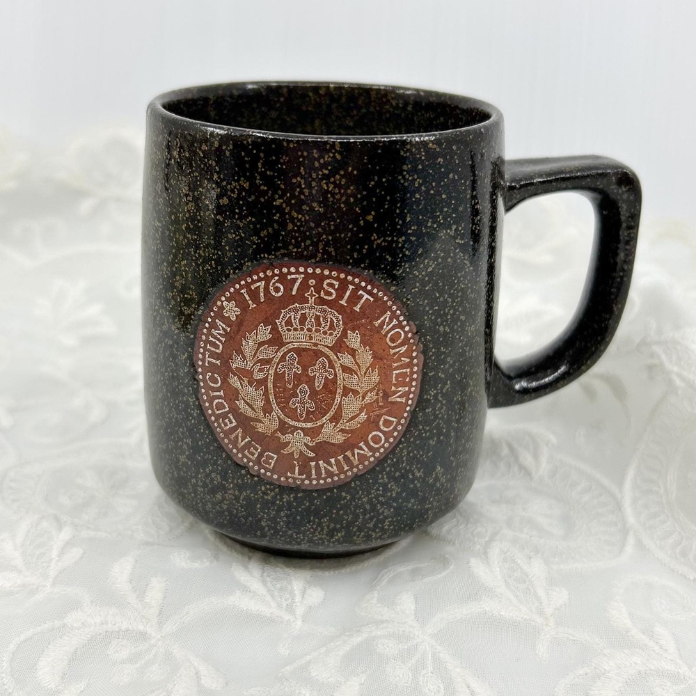 Vintage French Coin Mug 1767 Royal Crest Louis XV "Sit Nomen Domini Benedictum"